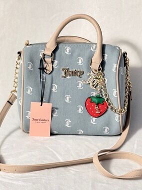 Juicy Couture Blue Monogram Satchel with Cream Trim & Strawberry Charm